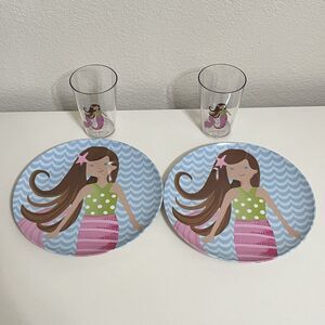 Pottery Barn Kids Mermaid Melamine Plates and Cups Lot Brown Hair Blue Eyes